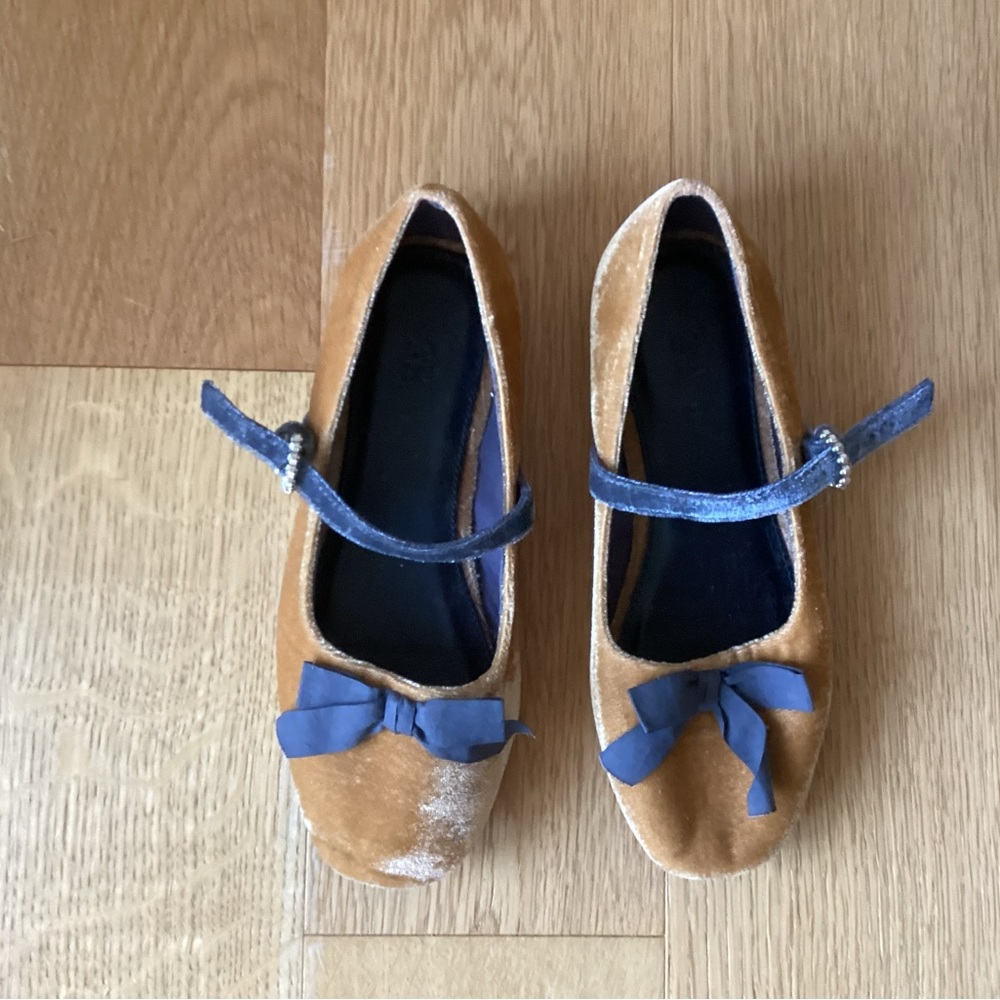 Zara Velvet Mary Jane Flats with Bow - Camel and Dark Brown
